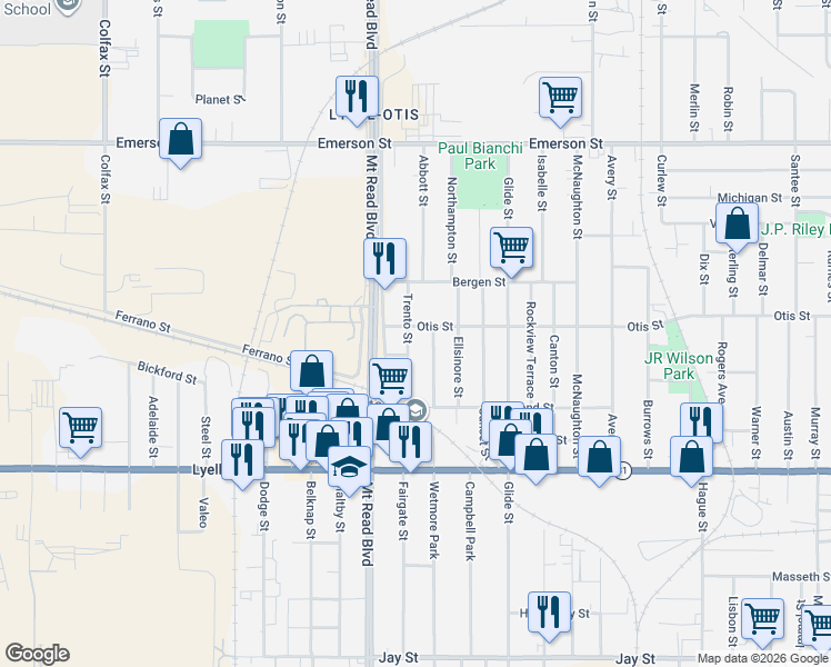 map of restaurants, bars, coffee shops, grocery stores, and more near 679 Otis Street in Rochester