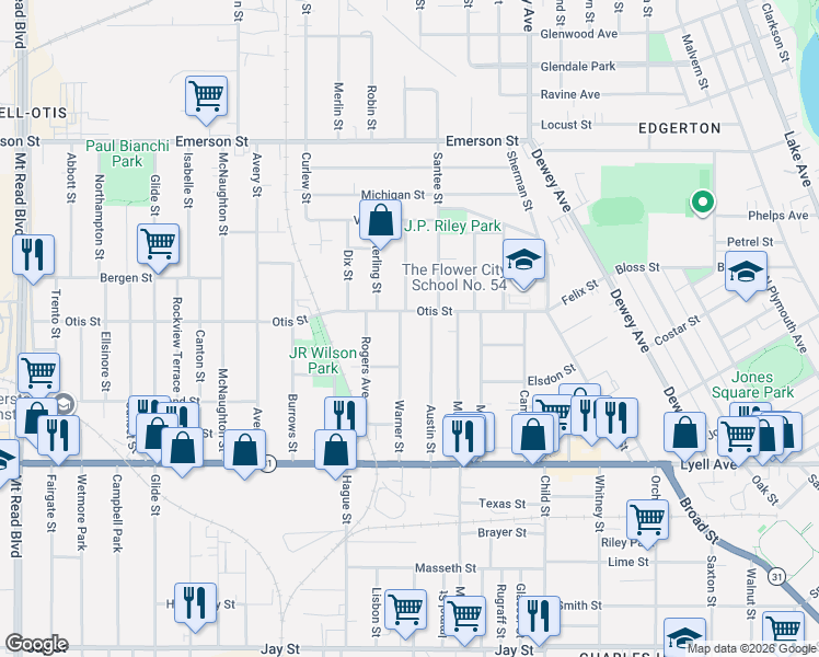 map of restaurants, bars, coffee shops, grocery stores, and more near in Rochester