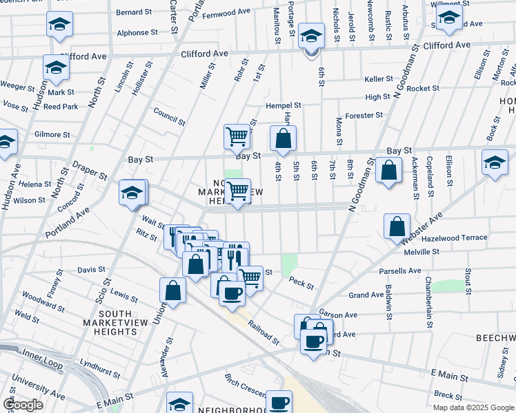 map of restaurants, bars, coffee shops, grocery stores, and more near 342 Central Park in Rochester