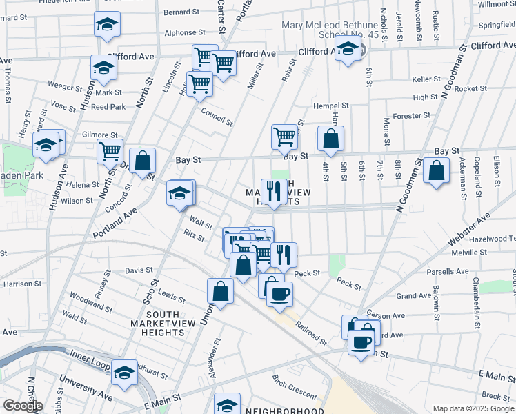 map of restaurants, bars, coffee shops, grocery stores, and more near 234 Central Park in Rochester