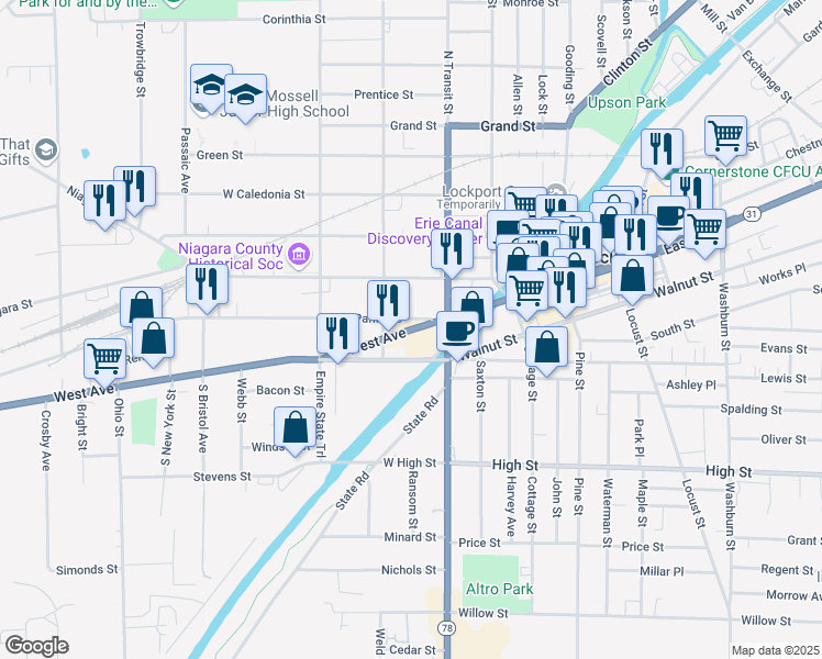 map of restaurants, bars, coffee shops, grocery stores, and more near 49 New York State Bicycle Route 5 in Lockport
