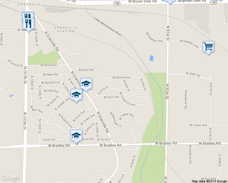 map of restaurants, bars, coffee shops, grocery stores, and more near 9633 West Goodrich Avenue in Milwaukee