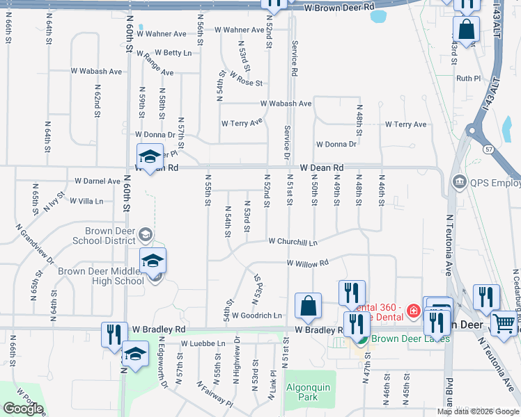 map of restaurants, bars, coffee shops, grocery stores, and more near 8267 North 52nd Street in Brown Deer