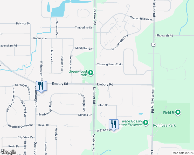 map of restaurants, bars, coffee shops, grocery stores, and more near 1564 Scribner Road in Penfield