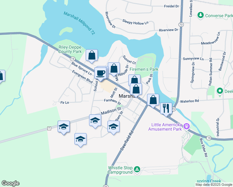 map of restaurants, bars, coffee shops, grocery stores, and more near 121 Motl St in Marshall