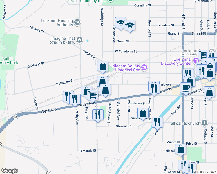 map of restaurants, bars, coffee shops, grocery stores, and more near 302 Park Avenue in Lockport