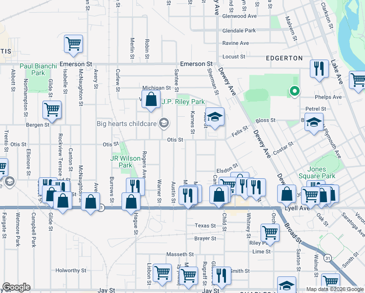 map of restaurants, bars, coffee shops, grocery stores, and more near 64 Austin Street in Rochester