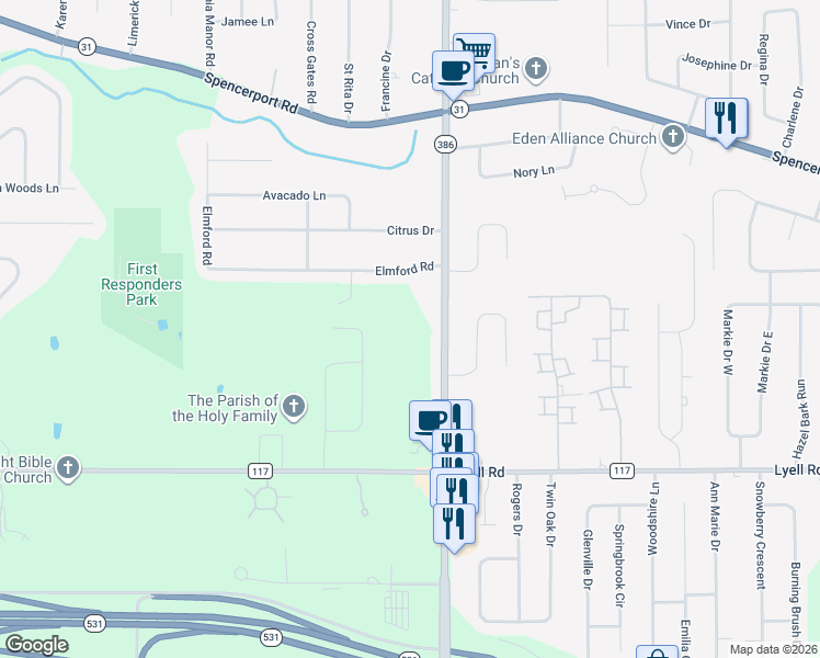 map of restaurants, bars, coffee shops, grocery stores, and more near 665 Elmgrove Road in Rochester