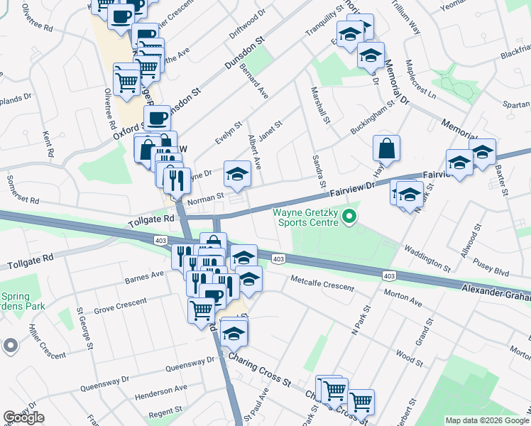 map of restaurants, bars, coffee shops, grocery stores, and more near 52 Fairview Drive in Brantford