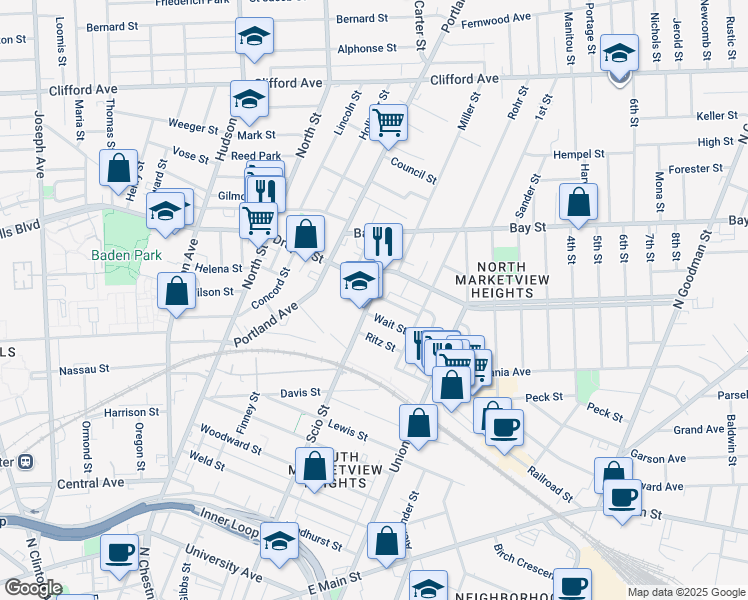 map of restaurants, bars, coffee shops, grocery stores, and more near 1 1/2 Vetter Street in Rochester