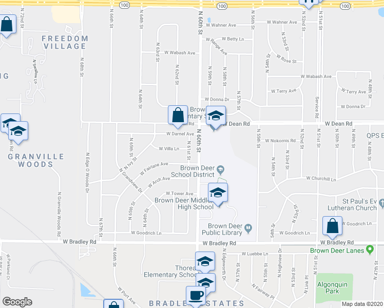 map of restaurants, bars, coffee shops, grocery stores, and more near 8272 North 61st Street in Brown Deer