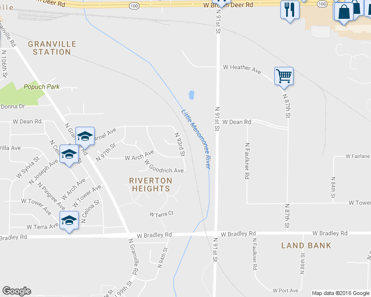 map of restaurants, bars, coffee shops, grocery stores, and more near 8274 N 93rd St in Milwaukee