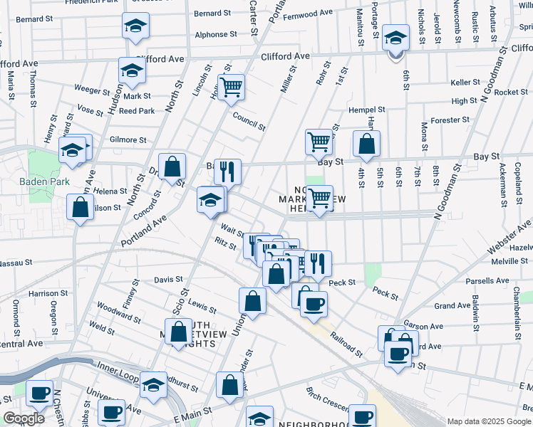 map of restaurants, bars, coffee shops, grocery stores, and more near 185 Central Park in Rochester