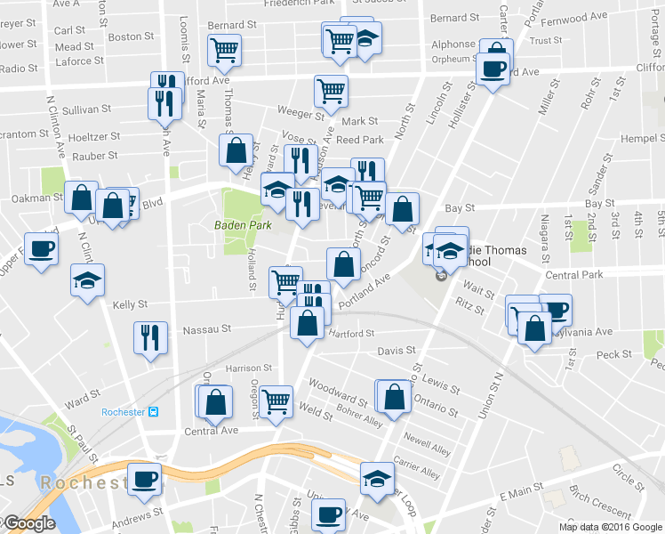 map of restaurants, bars, coffee shops, grocery stores, and more near 71 Wilson St in Rochester