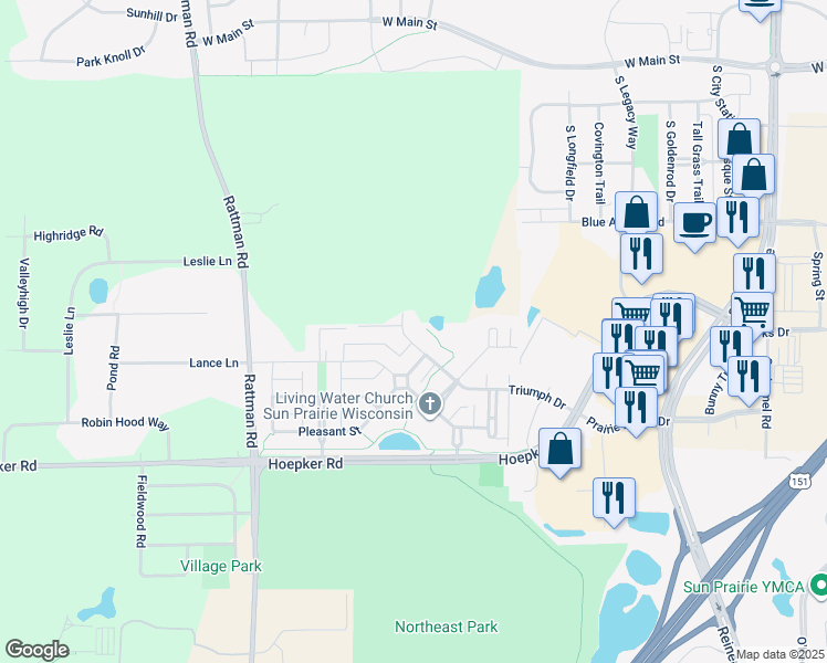 map of restaurants, bars, coffee shops, grocery stores, and more near 3084 Triumph Dr in Sun Prairie
