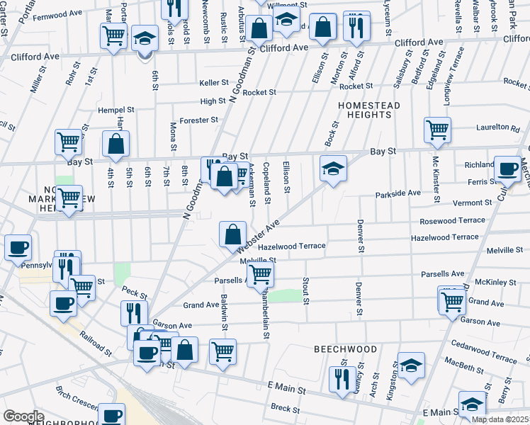 map of restaurants, bars, coffee shops, grocery stores, and more near 25 Copeland Street in Rochester