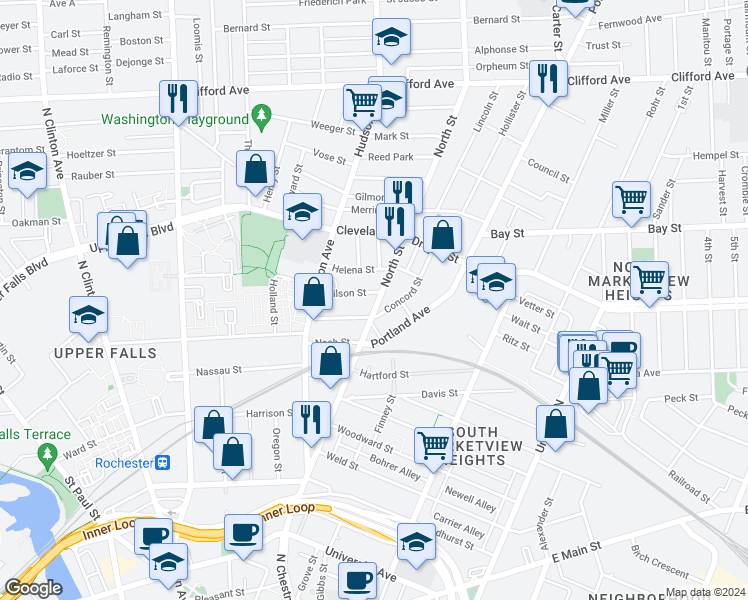 map of restaurants, bars, coffee shops, grocery stores, and more near 71 Wilson Street in Rochester