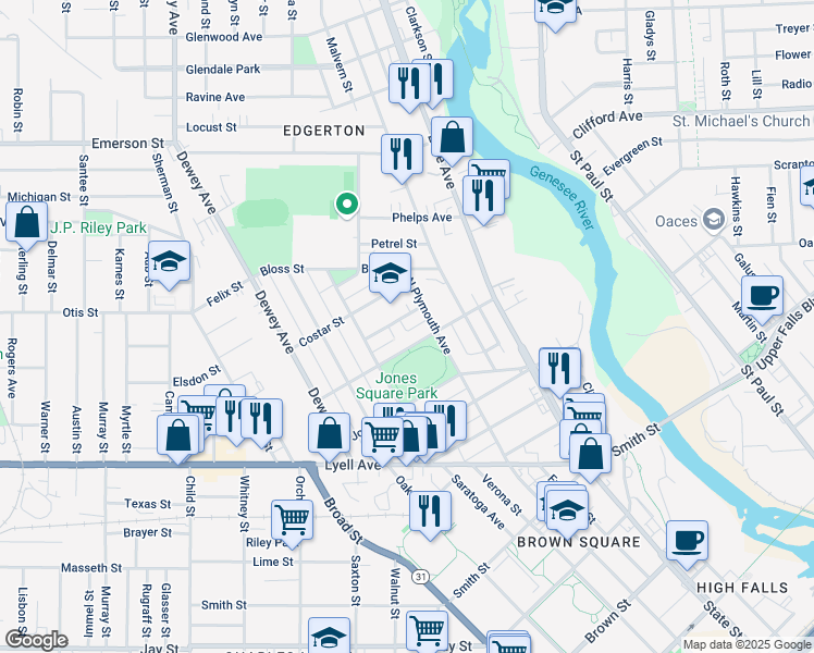 map of restaurants, bars, coffee shops, grocery stores, and more near 57 Montrose Street in Rochester