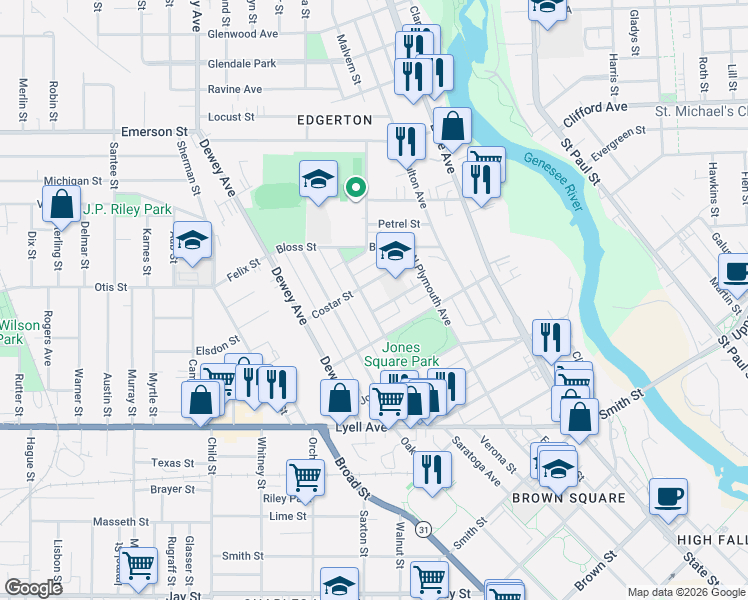 map of restaurants, bars, coffee shops, grocery stores, and more near 207 Saratoga Avenue in Rochester