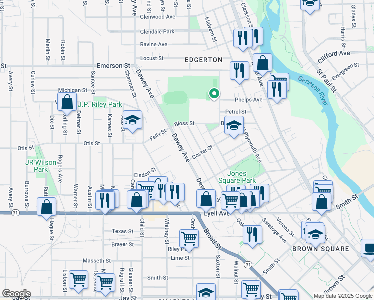 map of restaurants, bars, coffee shops, grocery stores, and more near 221 Dewey Avenue in Rochester