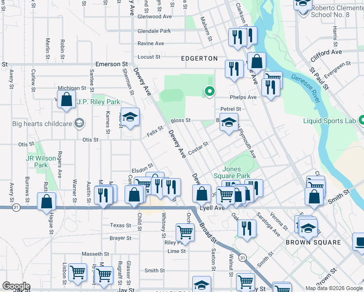 map of restaurants, bars, coffee shops, grocery stores, and more near 221 Dewey Avenue in Rochester