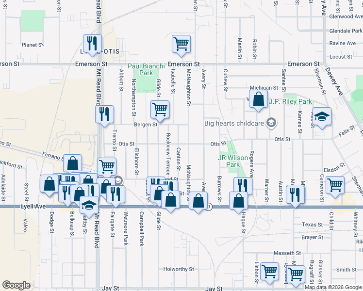 map of restaurants, bars, coffee shops, grocery stores, and more near 142 Canton Street in Rochester