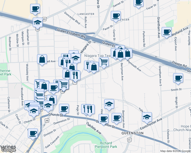 map of restaurants, bars, coffee shops, grocery stores, and more near 278 Regional Road 77 in St. Catharines