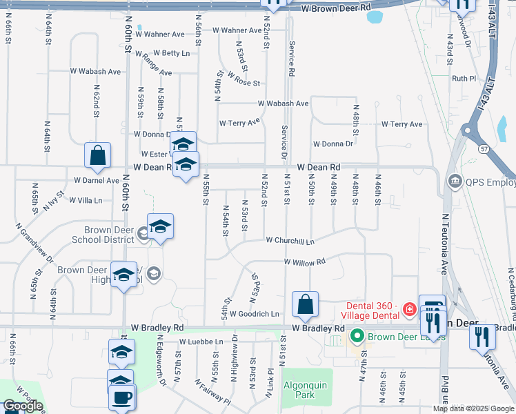 map of restaurants, bars, coffee shops, grocery stores, and more near 8267 North 52nd Street in Brown Deer