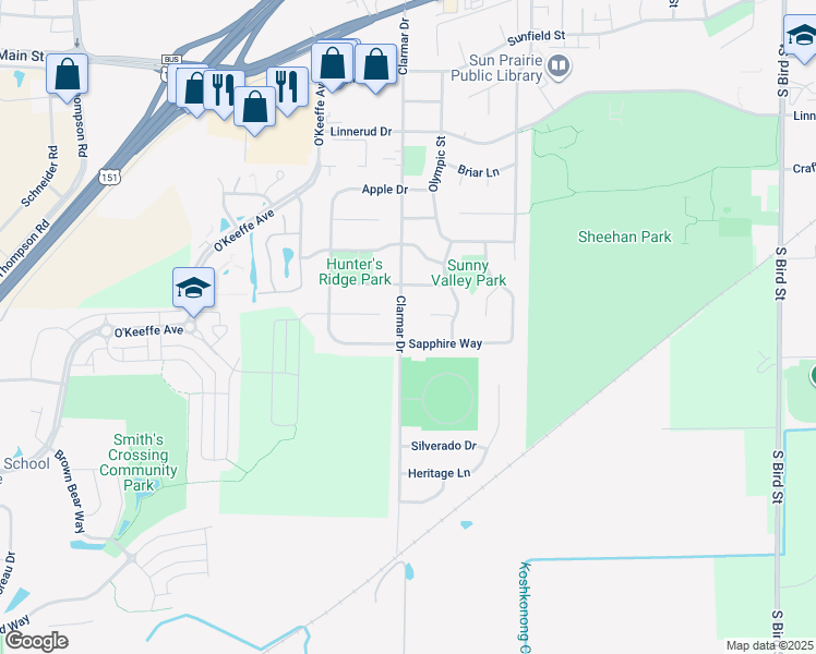 map of restaurants, bars, coffee shops, grocery stores, and more near 1626 Sapphire Way in Sun Prairie