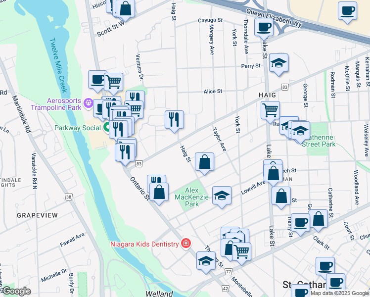 map of restaurants, bars, coffee shops, grocery stores, and more near 75 Grass Avenue in St. Catharines