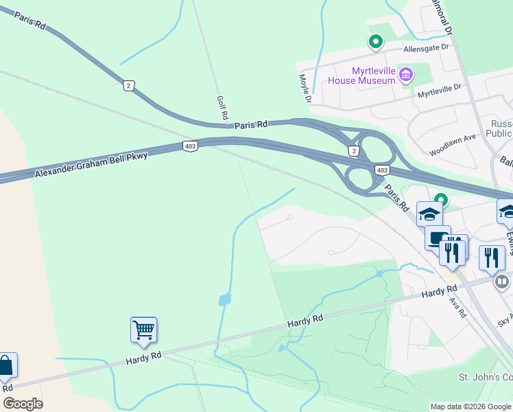 map of restaurants, bars, coffee shops, grocery stores, and more near 114 Golf Road in Brantford