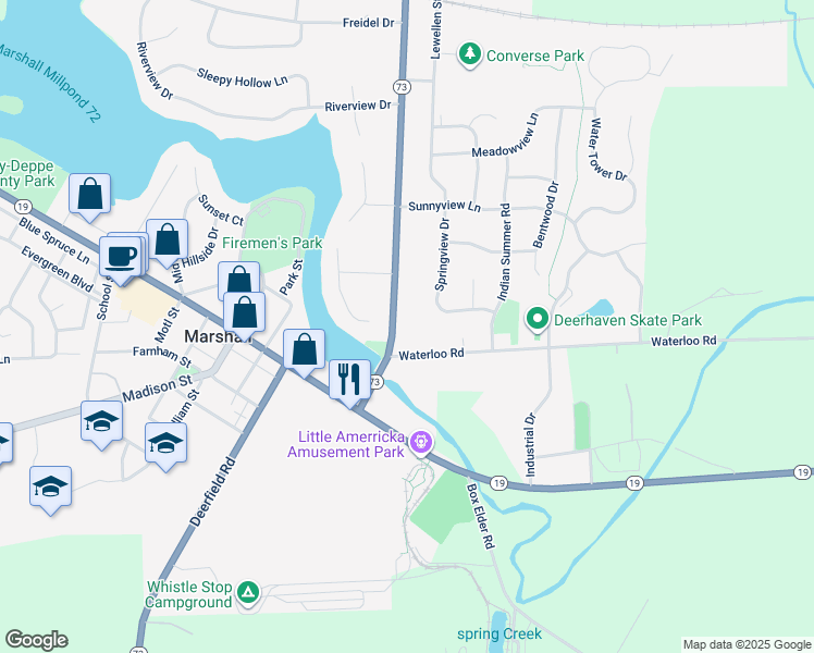 map of restaurants, bars, coffee shops, grocery stores, and more near 226 Hubbell Street in Marshall