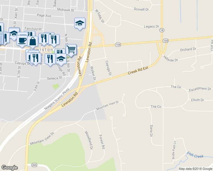 map of restaurants, bars, coffee shops, grocery stores, and more near 4989 Creek Road Ext in Lewiston