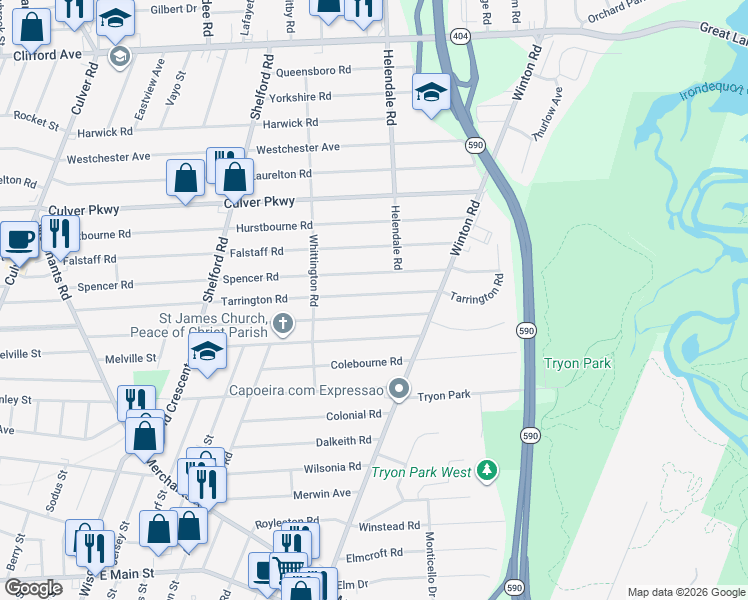 map of restaurants, bars, coffee shops, grocery stores, and more near 459 Tarrington Road in Irondequoit