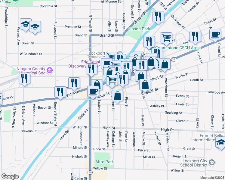 map of restaurants, bars, coffee shops, grocery stores, and more near 30 Walnut Street in Lockport