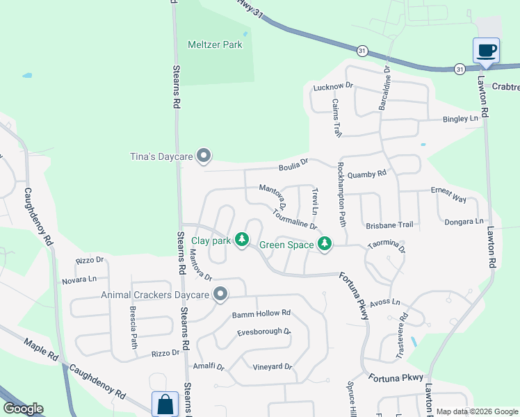 map of restaurants, bars, coffee shops, grocery stores, and more near 5385 Tourmaline Drive in Clay