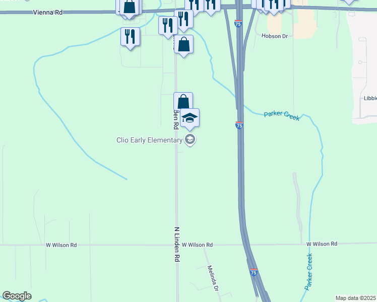 map of restaurants, bars, coffee shops, grocery stores, and more near 11218 North Linden Road in Clio