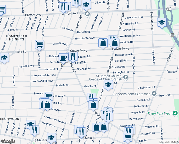 map of restaurants, bars, coffee shops, grocery stores, and more near 88 Woodrow Avenue in Rochester