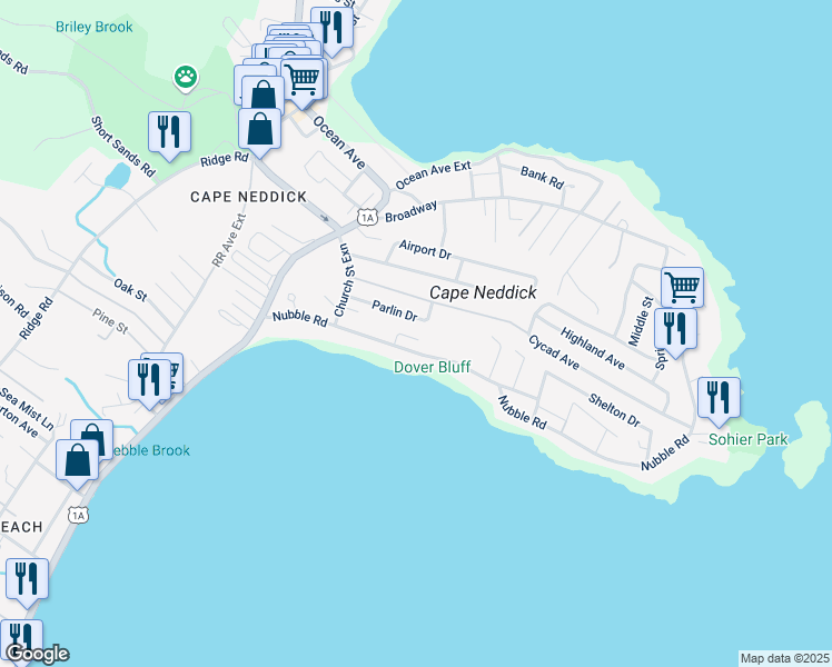 map of restaurants, bars, coffee shops, grocery stores, and more near 54 Nubble Road in York