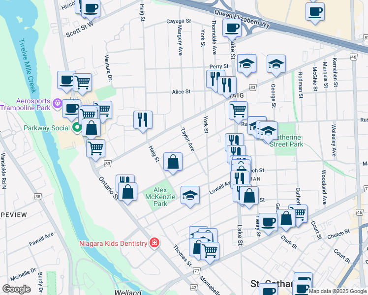 map of restaurants, bars, coffee shops, grocery stores, and more near 102 Vale Avenue in St. Catharines