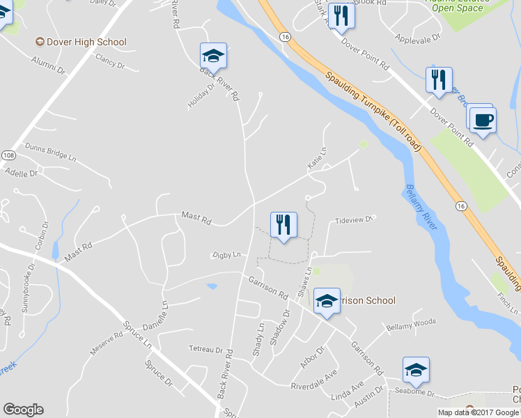 map of restaurants, bars, coffee shops, grocery stores, and more near 90 Back River Road in Dover