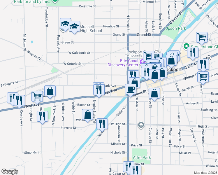 map of restaurants, bars, coffee shops, grocery stores, and more near 105 West Avenue in Lockport