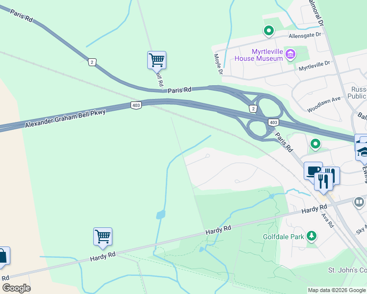 map of restaurants, bars, coffee shops, grocery stores, and more near 88 Golf Road in Brantford