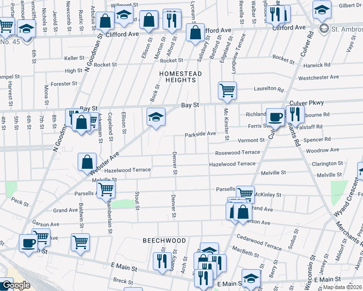 map of restaurants, bars, coffee shops, grocery stores, and more near 230 Denver Street in Rochester