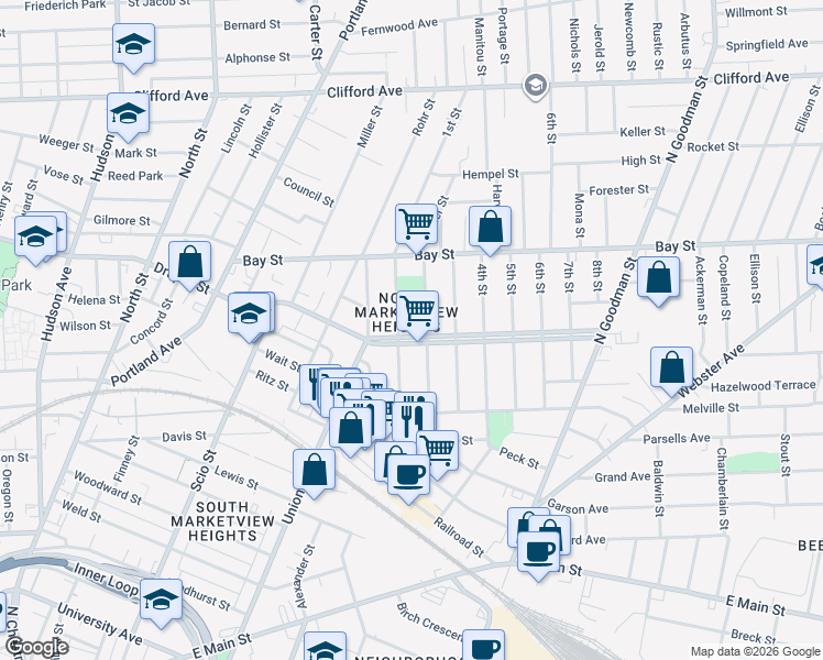 map of restaurants, bars, coffee shops, grocery stores, and more near 280 Central Park in Rochester
