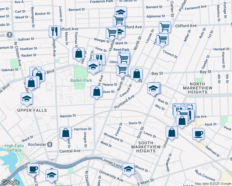 map of restaurants, bars, coffee shops, grocery stores, and more near 71 Wilson Street in Rochester