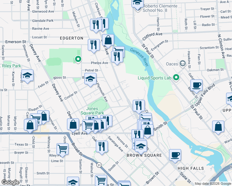 map of restaurants, bars, coffee shops, grocery stores, and more near 23 Fulton Avenue in Rochester