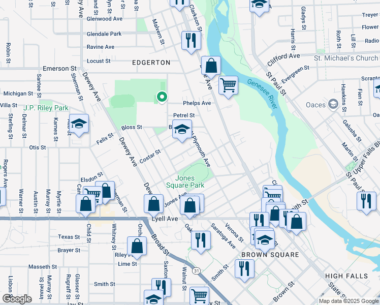 map of restaurants, bars, coffee shops, grocery stores, and more near 57 Montrose Street in Rochester