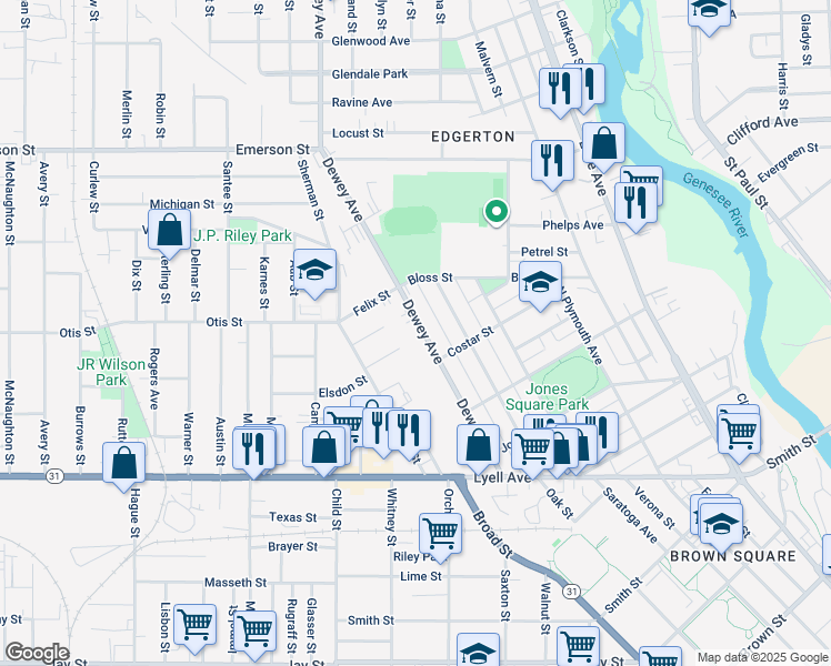 map of restaurants, bars, coffee shops, grocery stores, and more near 221 Dewey Avenue in Rochester