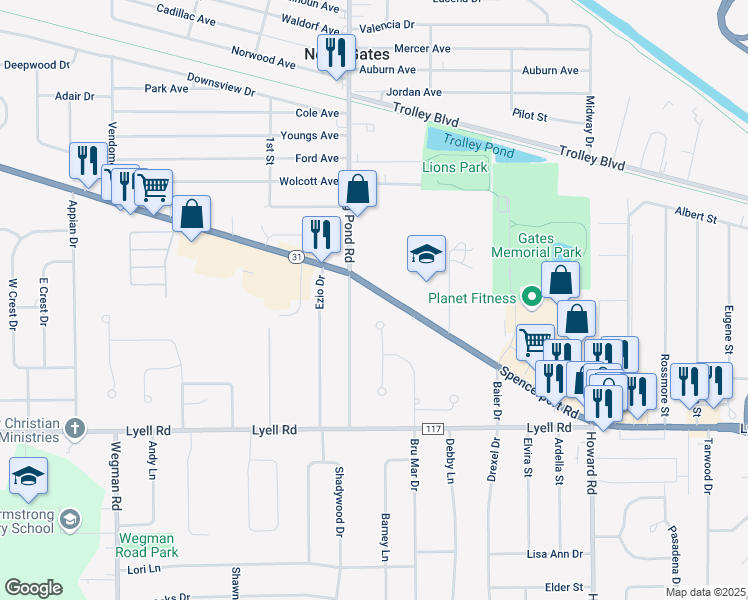 map of restaurants, bars, coffee shops, grocery stores, and more near in Gates-North Gates